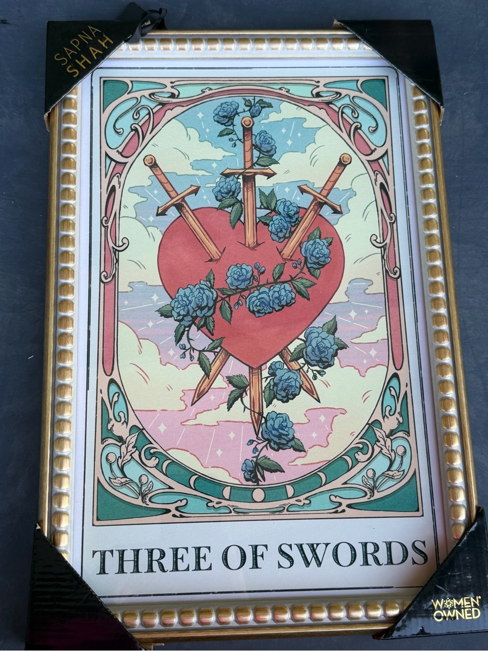 Sapna Shah – Three of Swords Loteria Style 18”x12” Framed Wall Art Print - NEW